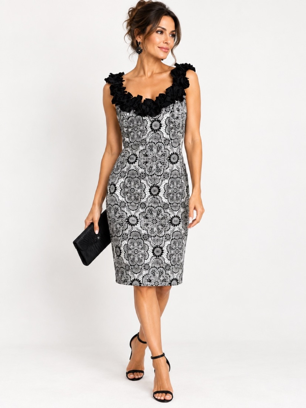 Maggy London Black & White Floral Ruffle Neck Retro Cocktail Sheath Dress Size 8